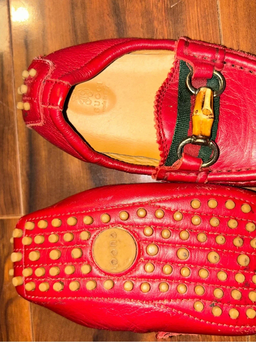 Gucci Red Leather Bamboo Bit Slip-On Loafers